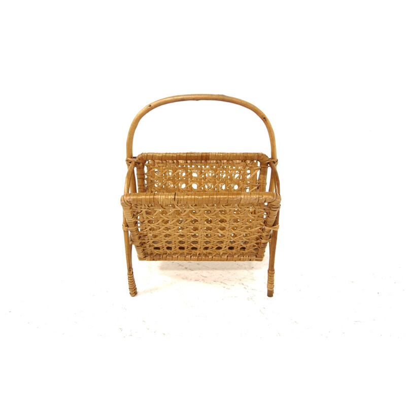 Scandinavian vintage magazine rack in rattan, Sweden 1960