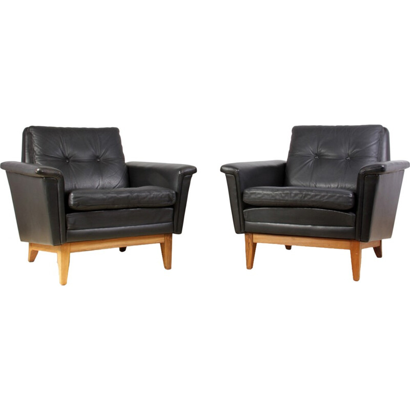 Pair of Mid Century Danish Leather and Rosewood armchairs - 1960s