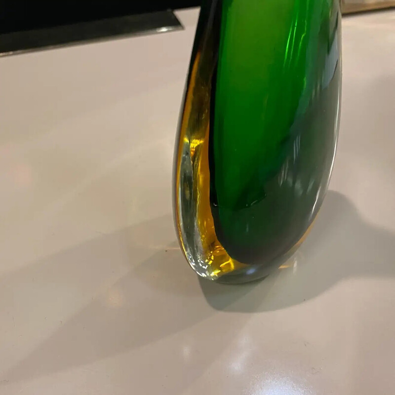 Jarrón vintage de cristal de Murano verde y amarillo, años 70
