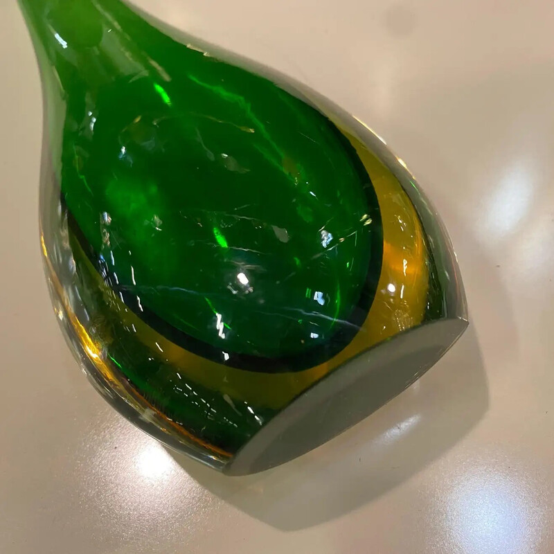 Jarrón vintage de cristal de Murano verde y amarillo, años 70
