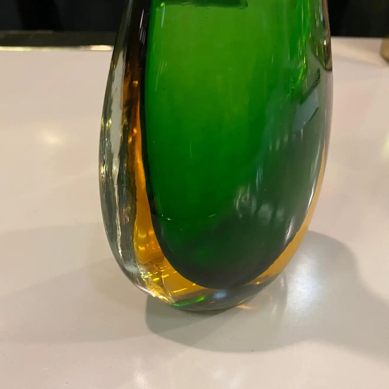 Vase vintage en verre de Murano vert et jaune, 1970