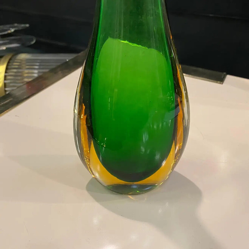 Vase vintage en verre de Murano vert et jaune, 1970