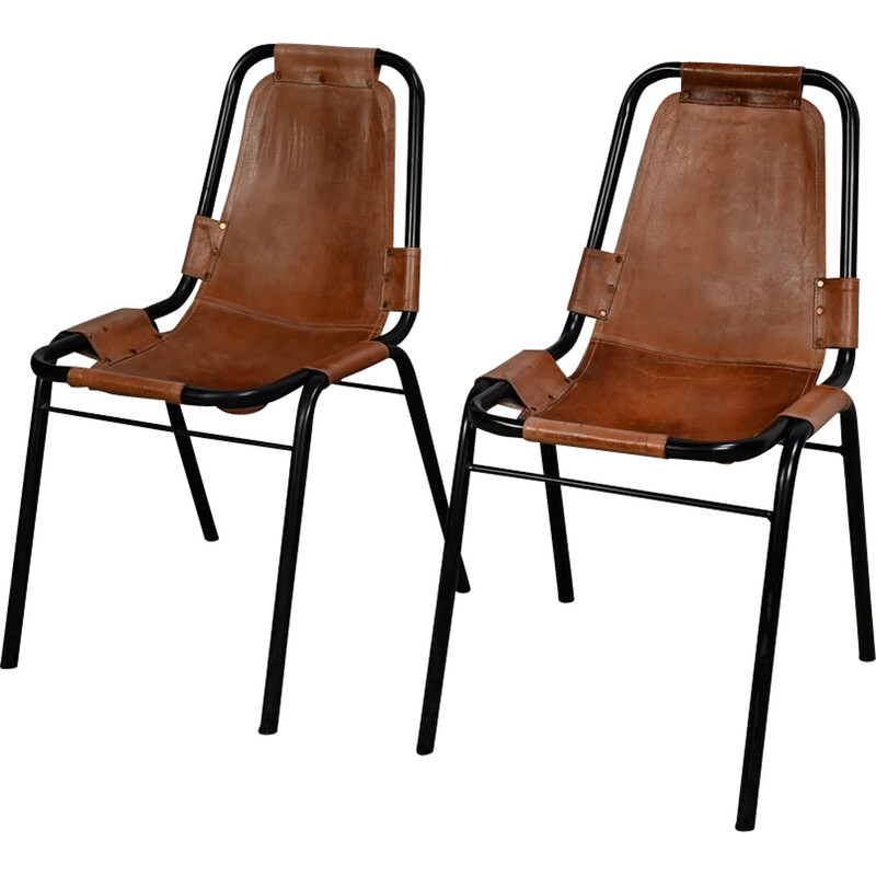 Paar vintage stoelen van metaal en leer, geselecteerd door C. Perriand voor Les Arcs, 1960. Perriand voor Les Arcs, 1960