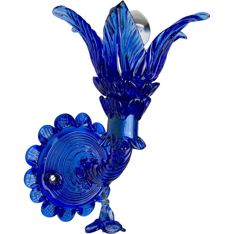 Applique florale vintage "palmier" en verre de Murano bleu, Italie 1950