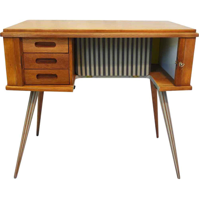 Vintage-Schreibtisch aus massiver Eiche auf 4 Zirkelbeinen