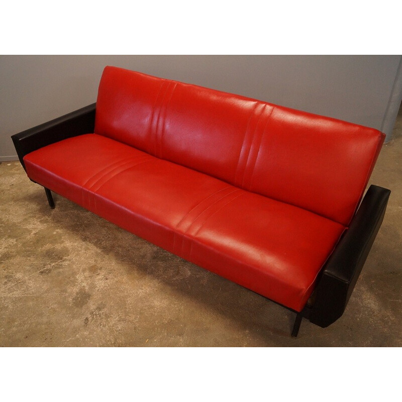 Red and black leatherette convertible sofa - 1950s