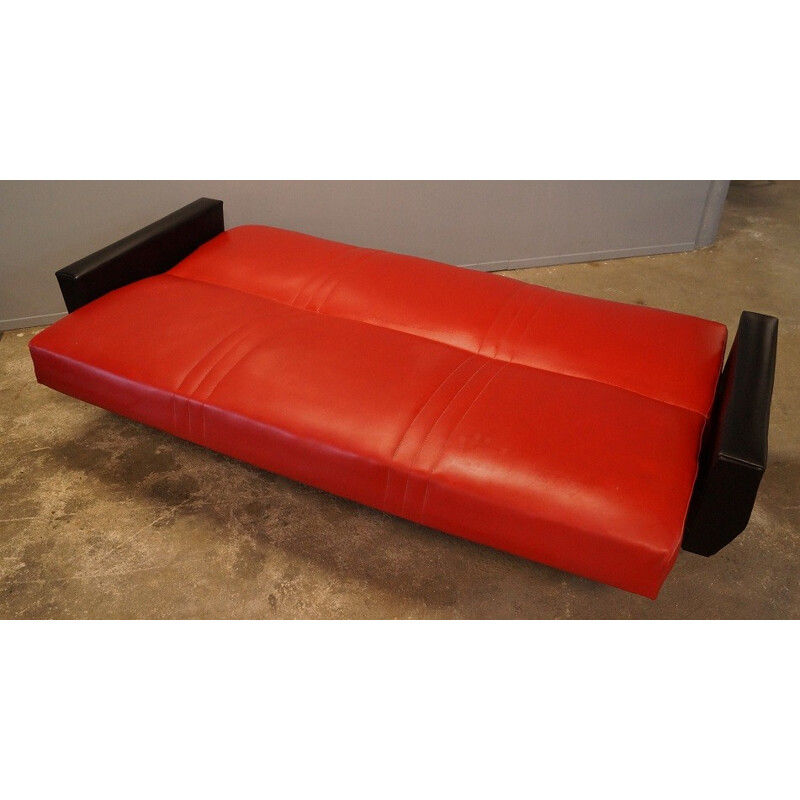 Red and black leatherette convertible sofa - 1950s