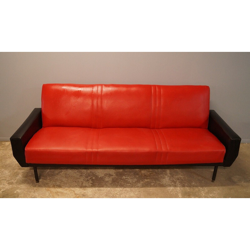 Red and black leatherette convertible sofa - 1950s