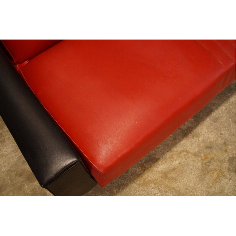 Red and black leatherette convertible sofa - 1950s