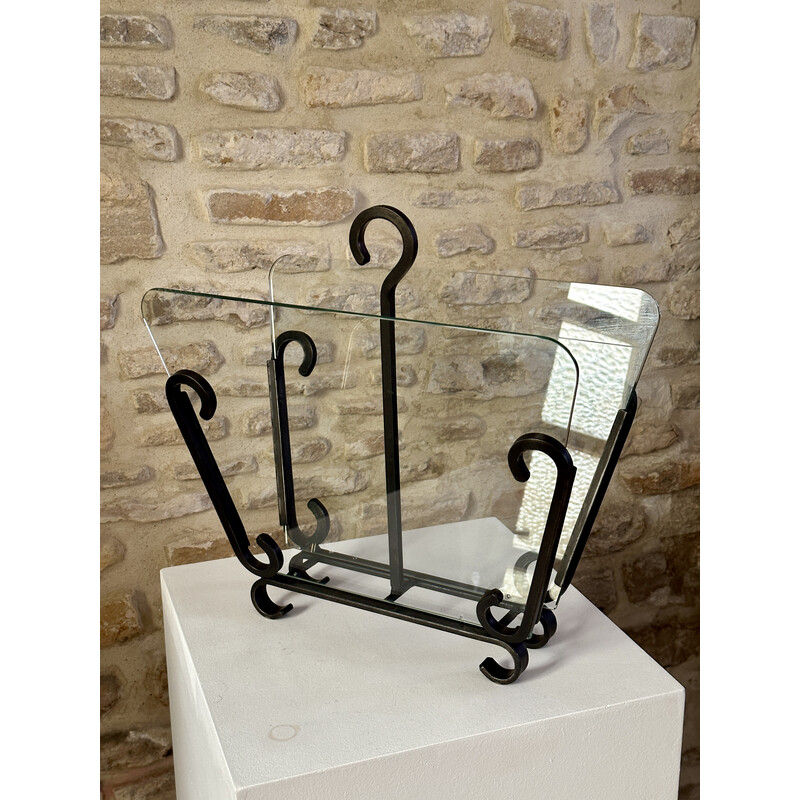 Vintage wrought iron and glass magazine rack by Raymond Subes