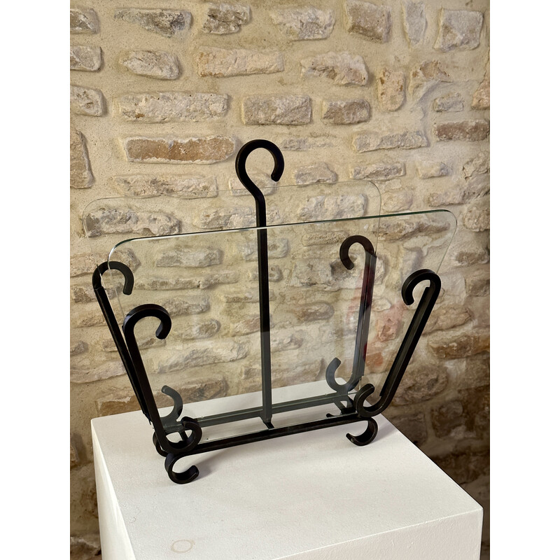 Vintage wrought iron and glass magazine rack by Raymond Subes