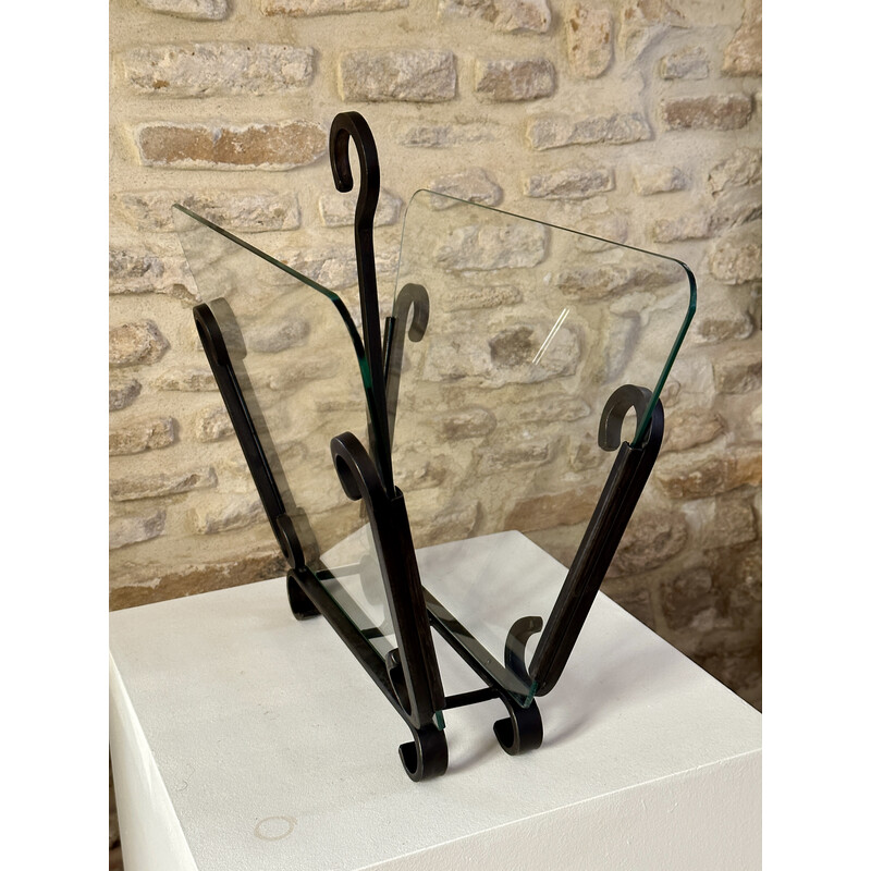 Vintage wrought iron and glass magazine rack by Raymond Subes