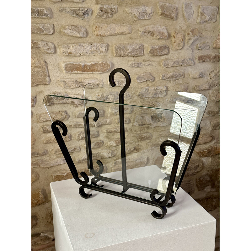 Vintage wrought iron and glass magazine rack by Raymond Subes