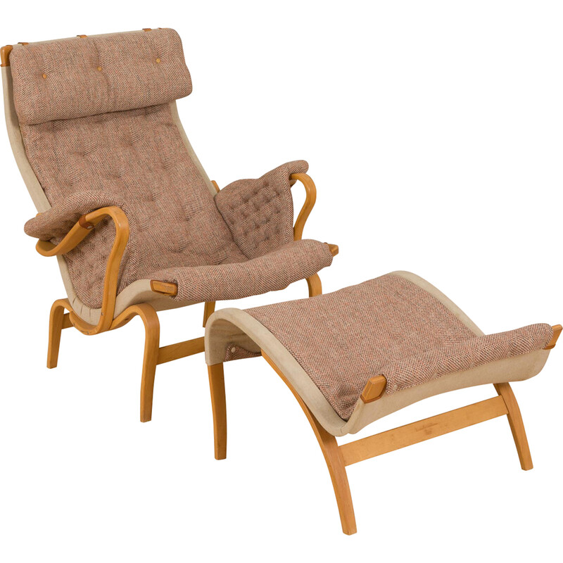 Vintage armchair with footrest Pernilla in curved beech plywood by Bruno Mathsson for Dux, Sweden 1960