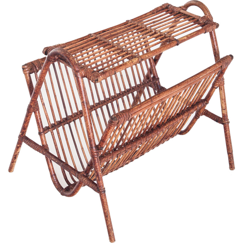 Vintage magazine rack in rattan, France 1960