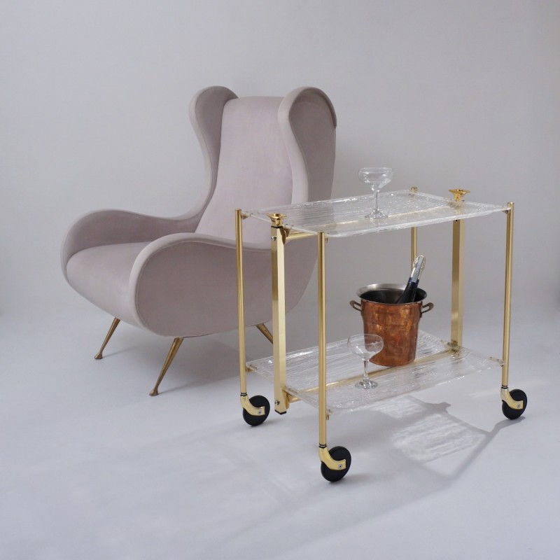 Vintage French foldable drinks trolley in acrylic and gilt metal by Platex, 1980