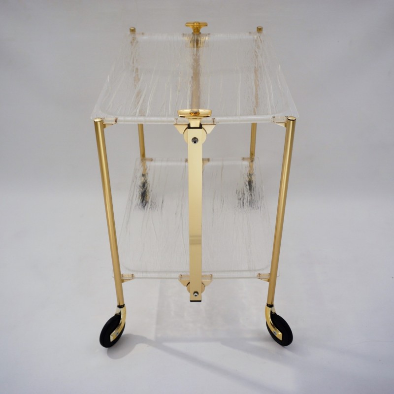 Vintage French foldable drinks trolley in acrylic and gilt metal by Platex, 1980