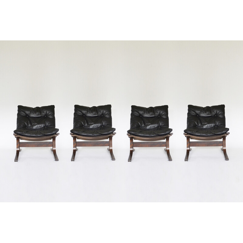 Ensemble de 4 fauteuils vintage Siesta en cuir noir par Ingmar Relling pour Westnofa, Norvège 1960