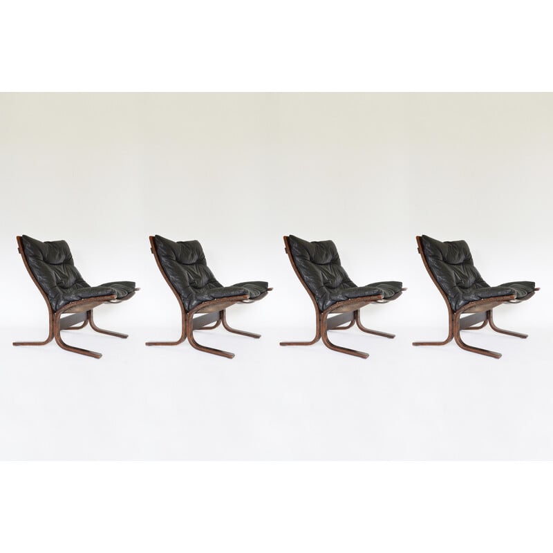 Ensemble de 4 fauteuils vintage Siesta en cuir noir par Ingmar Relling pour Westnofa, Norvège 1960