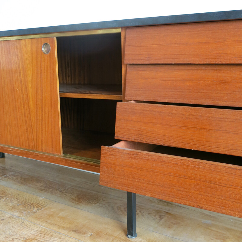 Sideboard in rosewood and metal with brass round handles - 1960s