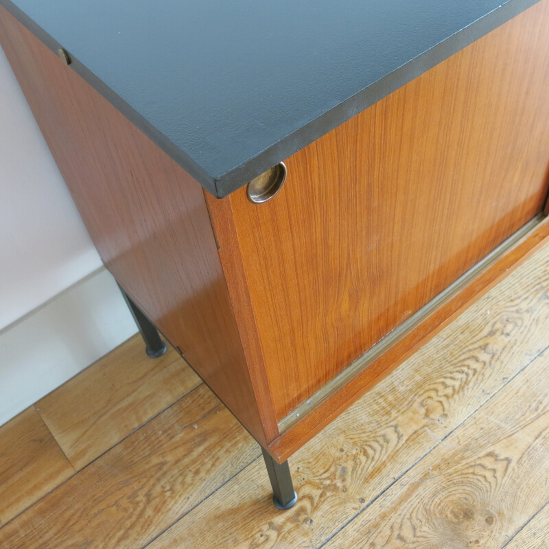 Sideboard in rosewood and metal with brass round handles - 1960s