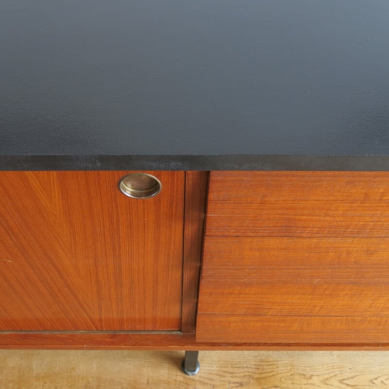 Sideboard in rosewood and metal with brass round handles - 1960s