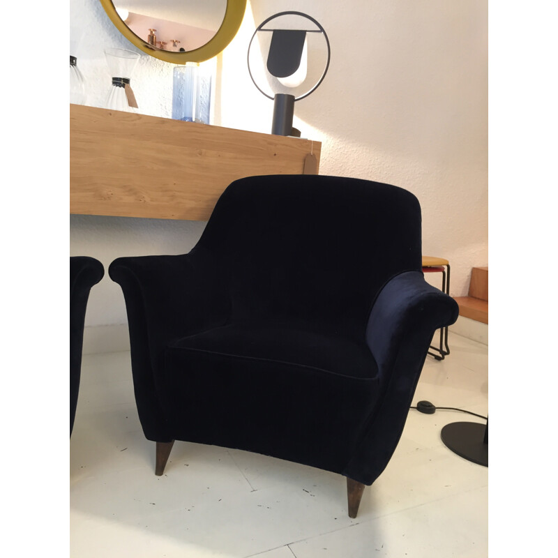 Pair of blue Italian armchairs in velvet - 1940s