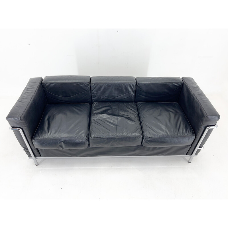 Dreisitzersofa Lc3 Vintage in schwarzem Leder und Chrom von Le Corbusier