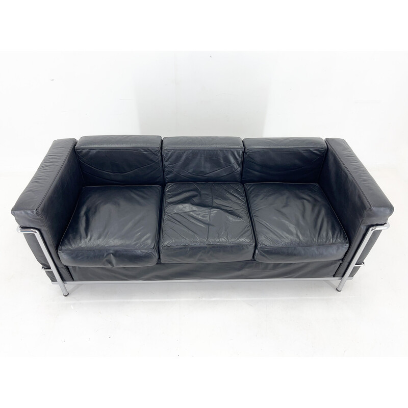 Lc3 vintage three seater sofa in black leather and chrome by Le Corbusier