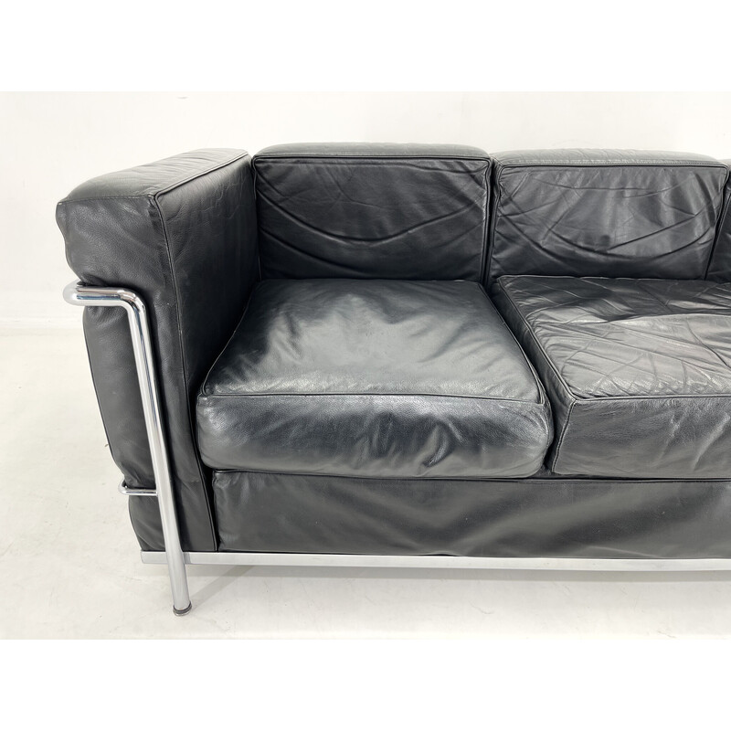 Lc3 vintage three seater sofa in black leather and chrome by Le Corbusier