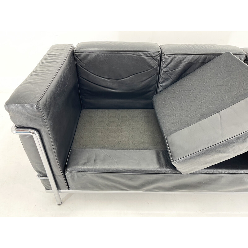 Lc3 vintage three seater sofa in black leather and chrome by Le Corbusier