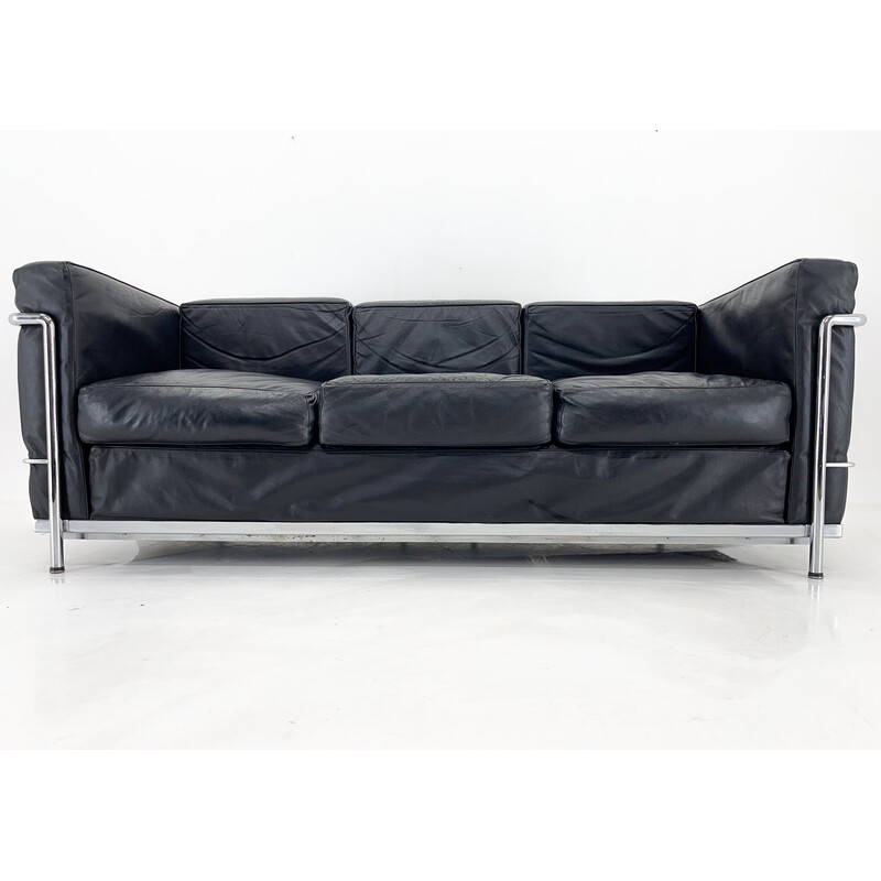 Dreisitzersofa Lc3 Vintage in schwarzem Leder und Chrom von Le Corbusier