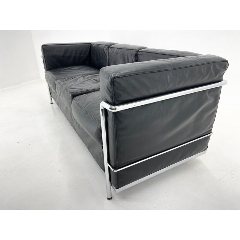 Lc3 vintage three seater sofa in black leather and chrome by Le Corbusier