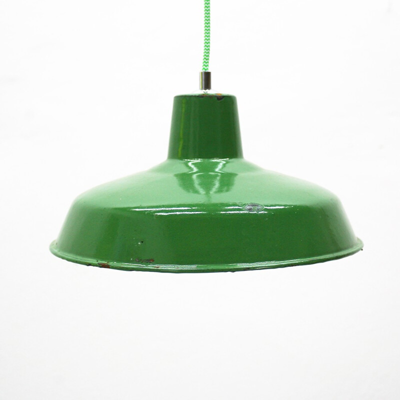 Vintage industrial green hanging  lamp in steel - 1930s