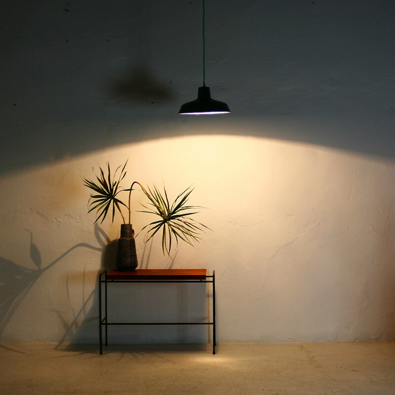 Vintage industrial green hanging  lamp in steel - 1930s