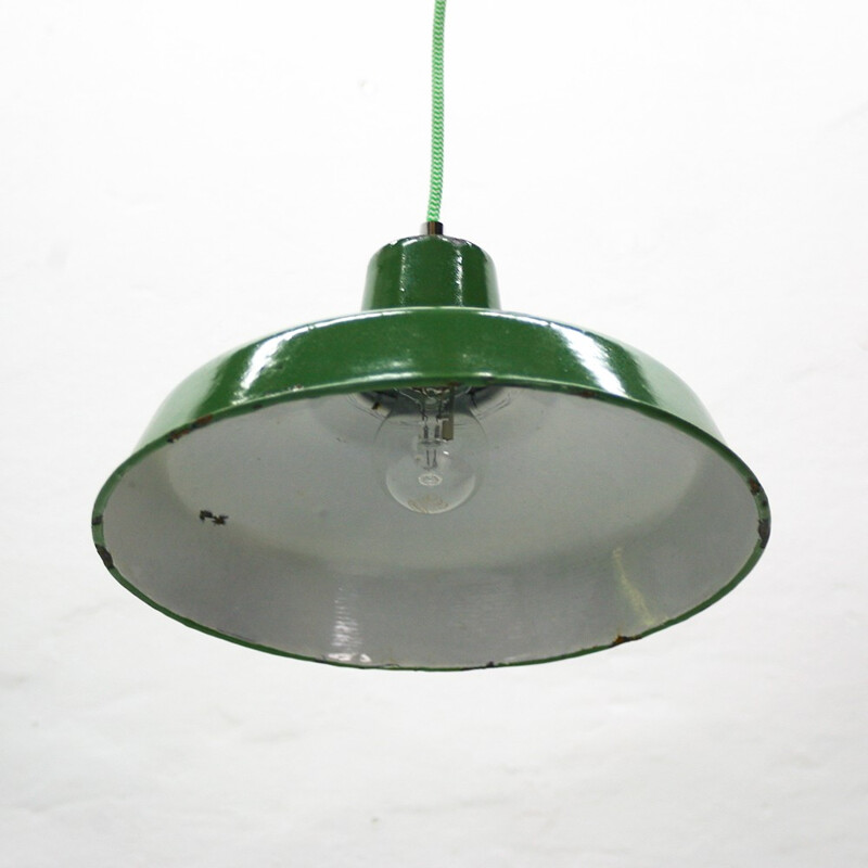 Vintage industrial green hanging  lamp in steel - 1930s