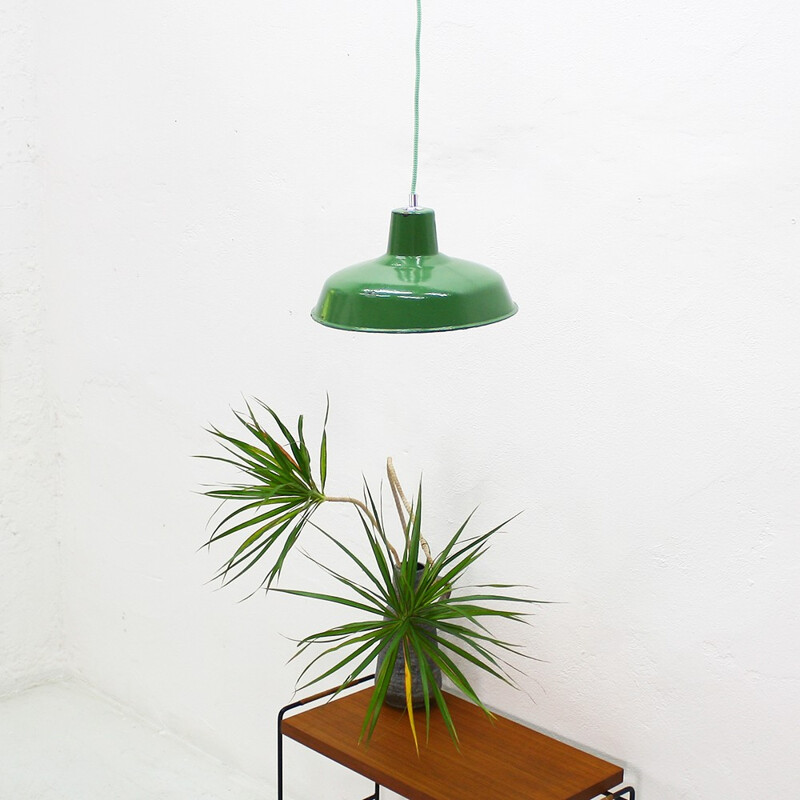 Vintage industrial green hanging  lamp in steel - 1930s