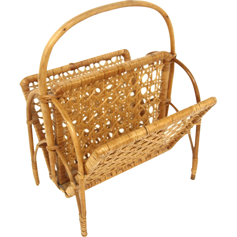 Scandinavian vintage magazine rack in rattan, Sweden 1960