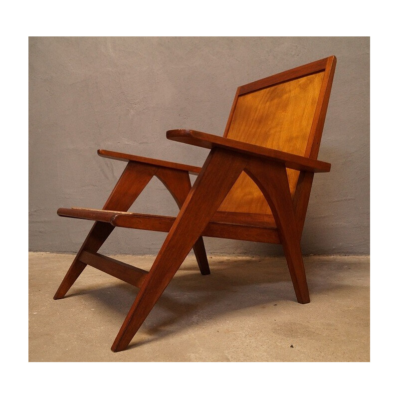 Wooden slanted legs armchair - 1950s