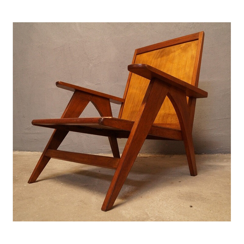 Fauteuil piétement compas en bois - 1950