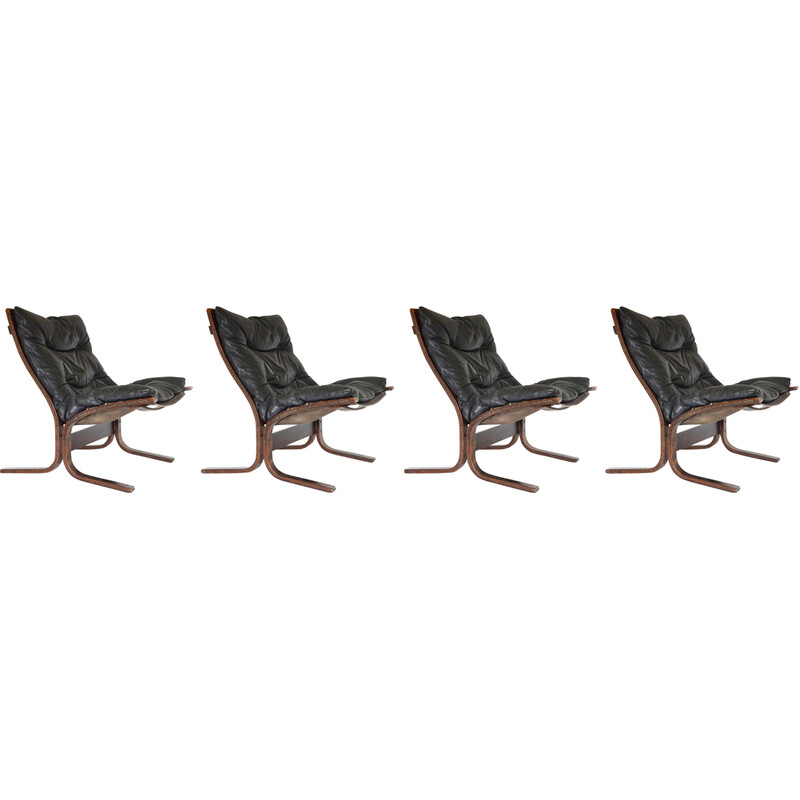 Satz von 4 Siesta-Sesseln aus schwarzem Leder von Ingmar Relling für Westnofa, Norwegen 1960er Jahre