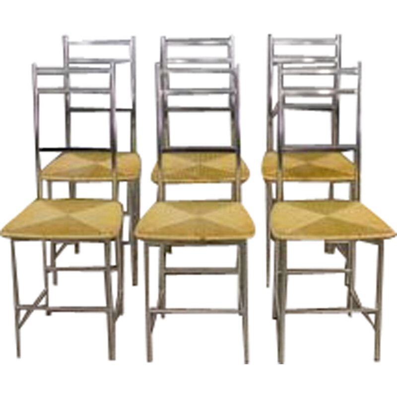 Ensemble de 6 chaises vintage en aluminium et paille de Ycami, 1970