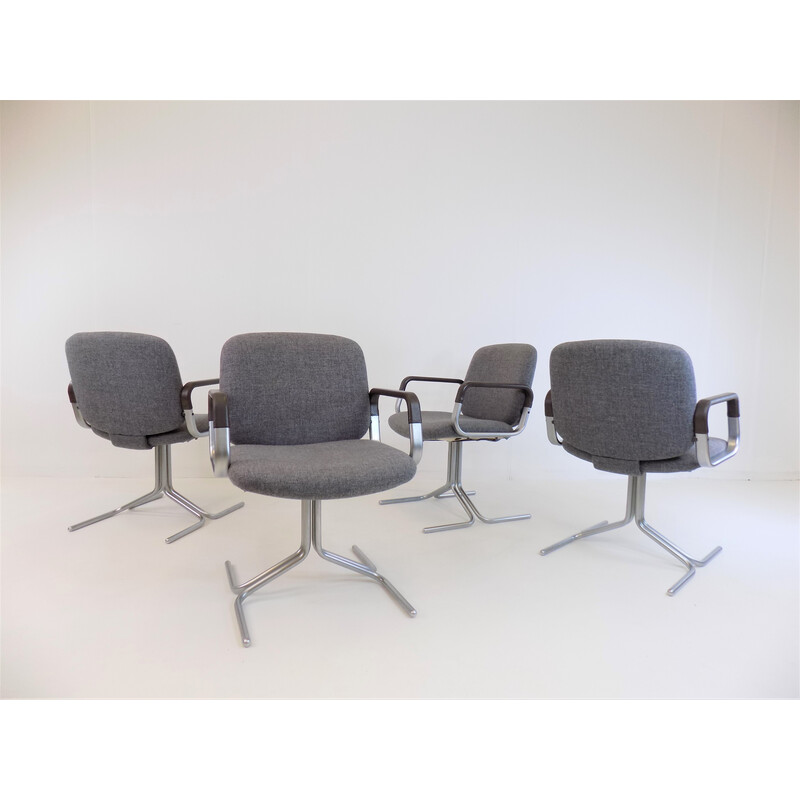 Conjunto de 4 cadeiras de conferência de tecido cinzento e metal vintage de Herbert Hirche para Mauser, 1973