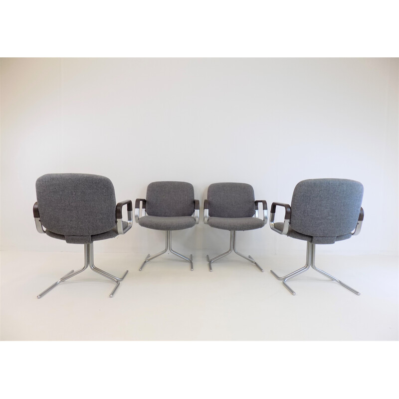 Ensemble de 4 chaises de conférence vintage en tissu gris et métal par Herbert Hirche pour Mauser, 1973