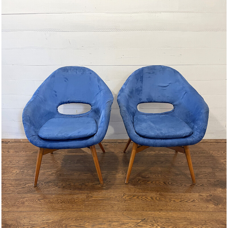 Pair of vintage fiberglass and beech wood armchairs M1208 by Miroslav Navratil, Czechoslovakia 1960