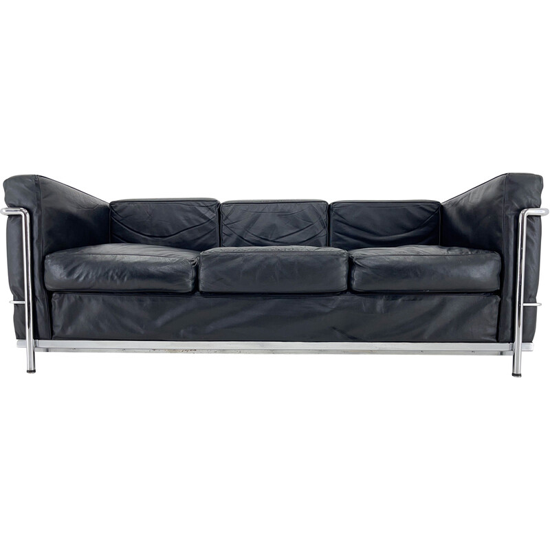 Lc3 vintage three seater sofa in black leather and chrome by Le Corbusier