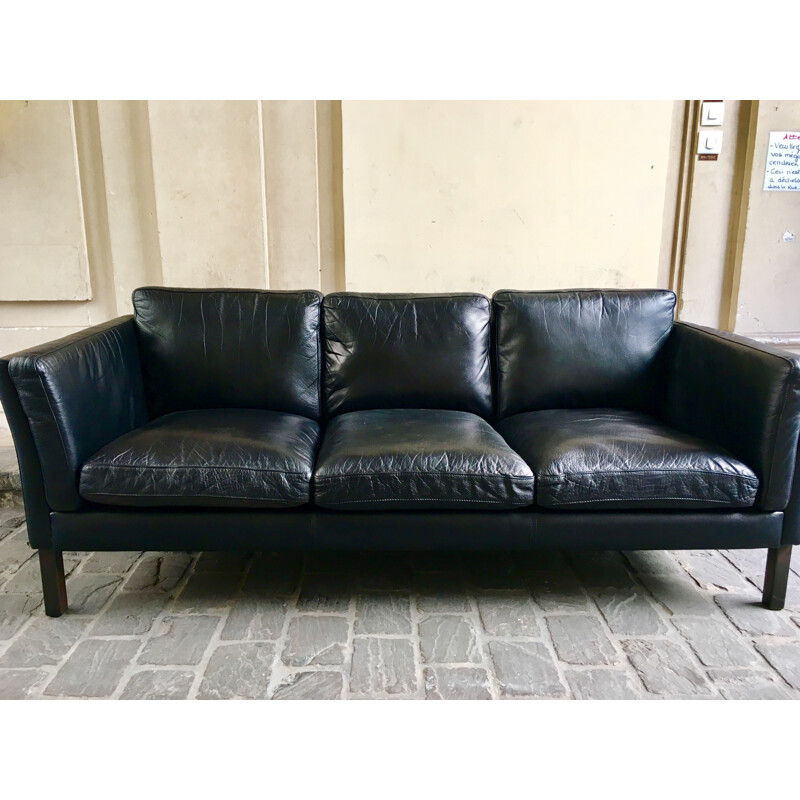 Vintage black leather sofa - 1960s