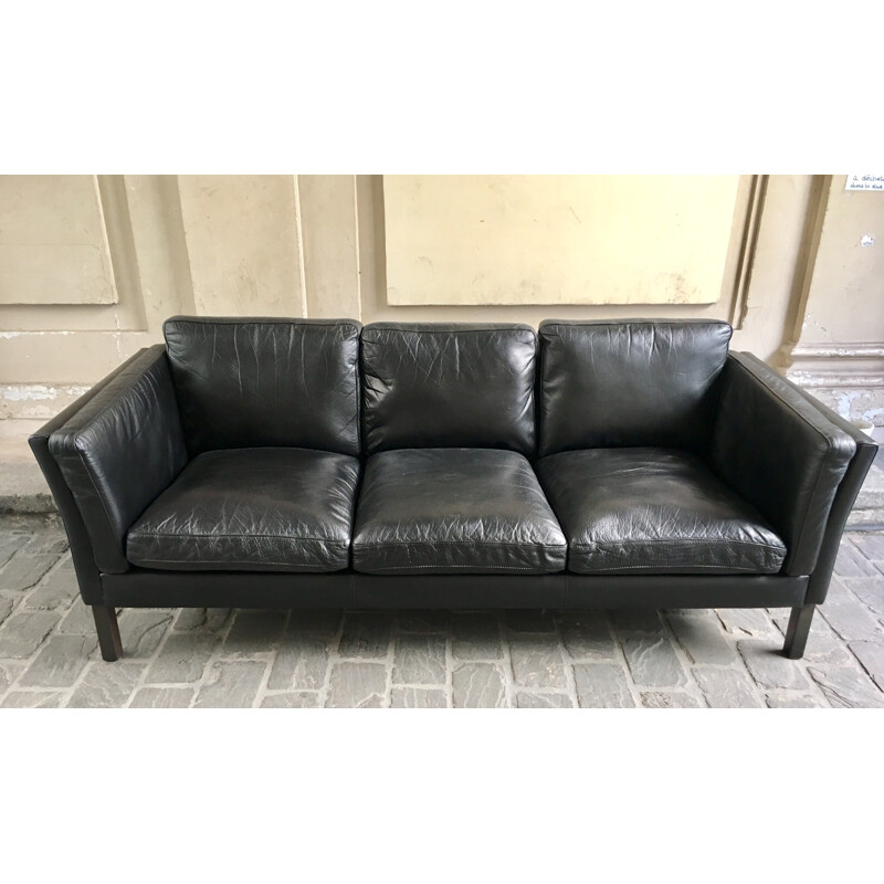 Vintage black leather sofa - 1960s