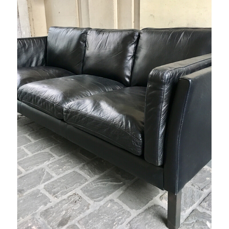 Vintage black leather sofa - 1960s