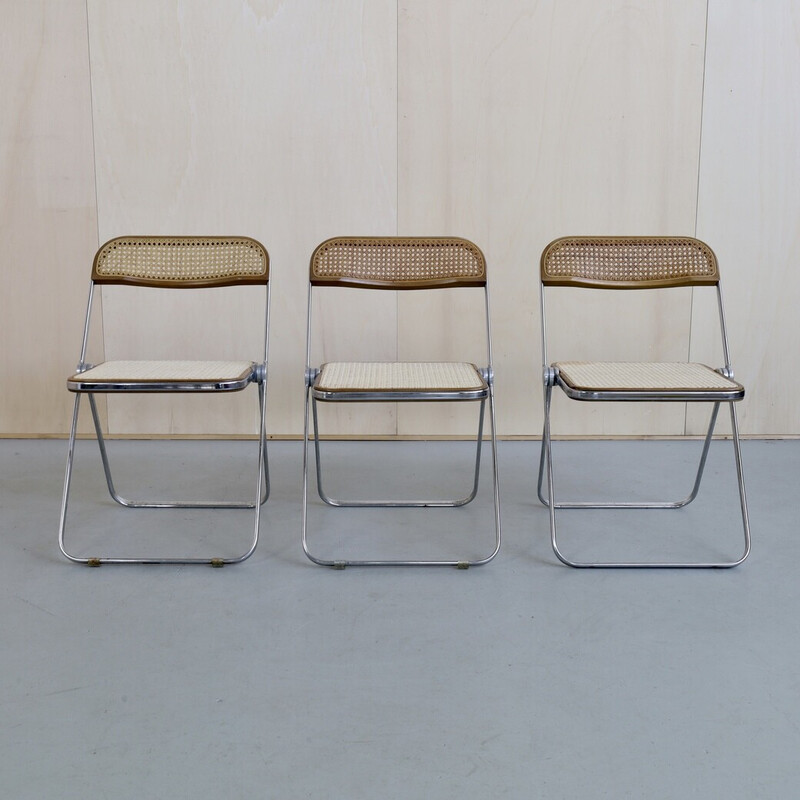 Set of 3 vintage Plia folding chair in cane by Giancarlo Piretti for Anonima Castelli, 1960